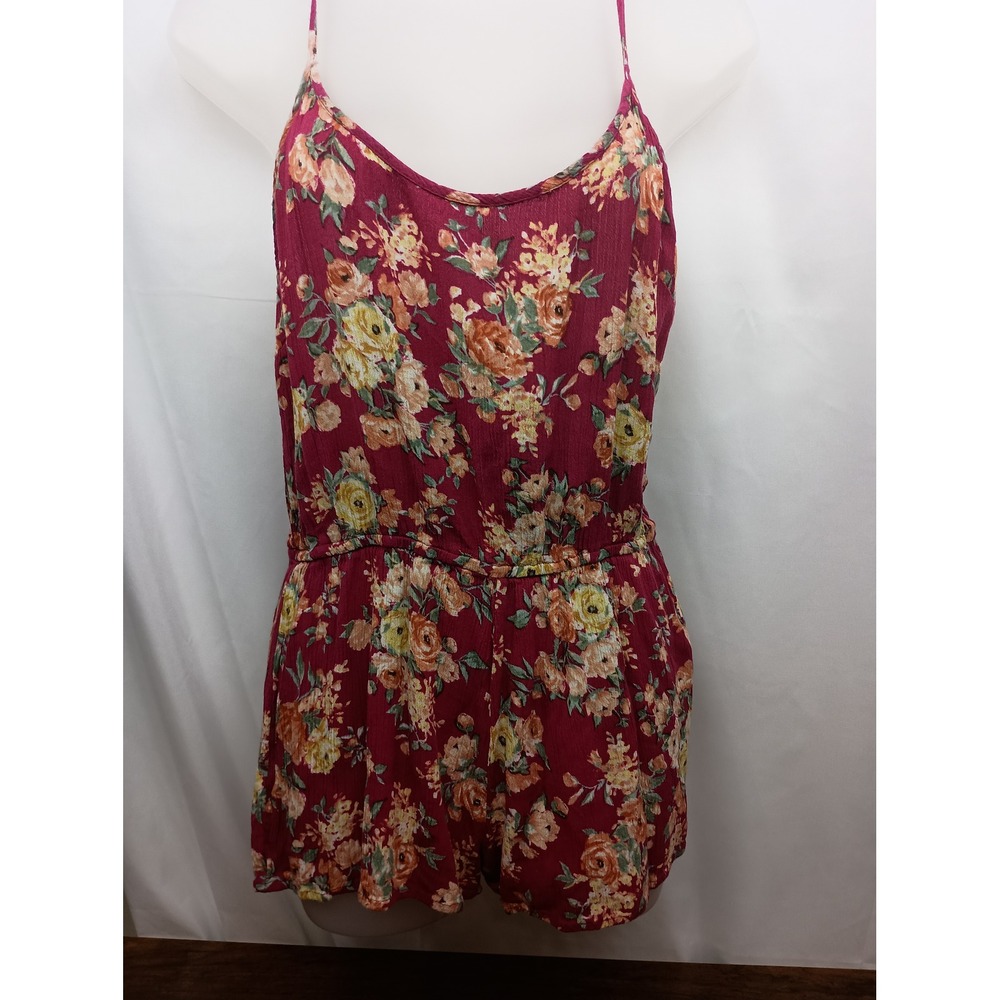 Forever21 burgundy floral print adjustable straps‎ summer lightweight romper M